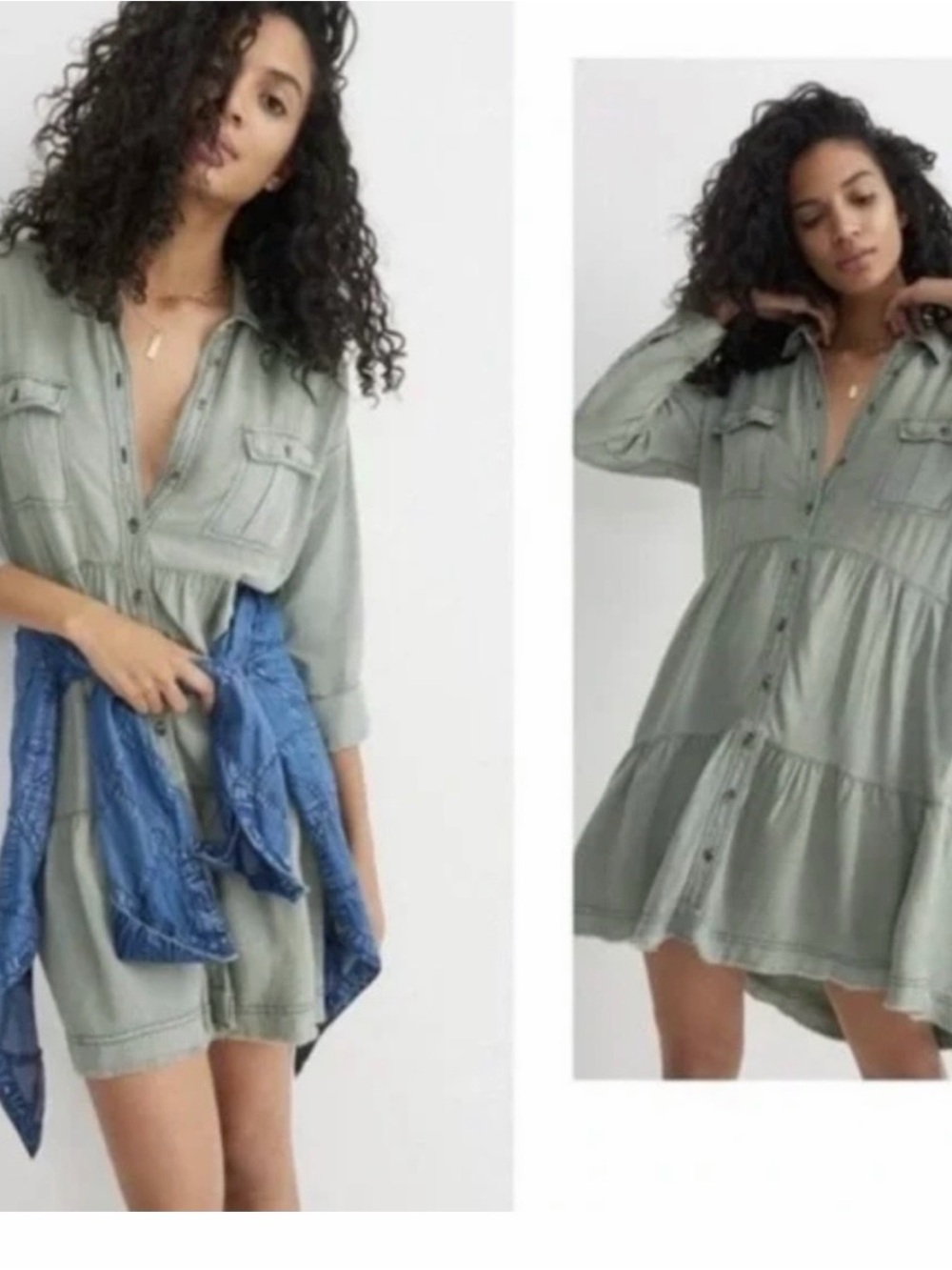 Anthropologie Pilcro Deanne Tiered Shirt Dress-Green linen